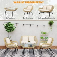 Outsunny Sitzgruppe, Outdoor Sitzgarnitur, Gartenmöbel Set mit Beistelltisch, Metall, Rattan, Beige, 118 x 69 x 73 cm(m-5)