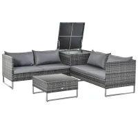 Outsunny Conjunto de 4 Muebles de Jardín de Ratán con 2 Sofás Dobles Mesa Central Mesa con Arcón Cojines Extraíbles para Terraza Exterior 132x69x64 cm Gris(m-10)