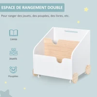 HOMCOM Coffre à jouet roulant - bac à jouet - chariot à jouet - 4 roulettes, 2 compartiments, poignée - dim. 40L x 43l x 43H cm - MDF blanc pin(m-4)