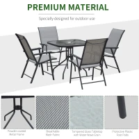 Outsunny Garden Patio 5pcs Dining Set Outdoor Furniture 4 Folding Chairs, Glass Top Table with Parasol Hole, Texteline Seats Grey(m-7)