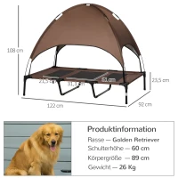 PawHut Erhöhtes Hundebett mit Baldachin, Haustierbett, Hundeliege outdoor mit Dach, Atmungsaktiv, Taftstoff für Camping Kaffee 122 x 92 x 108 cm(m-3)