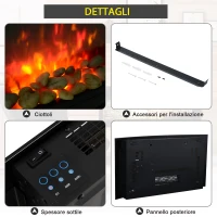 HOMCOM Caminetto Elettrico da Parete con Effetto Fiamma Colorato con Telecomando, in Acciaio Inox e Vetro 65x11.4x52 cm, Nero(m-5)
