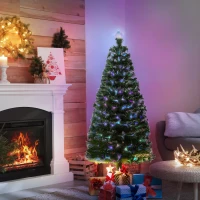 HOMCOM Albero di Natale 150cm con 180 Luci a LED e Fibre Ottiche Colorate, 180 Rami in PVC Ignifughi e Base in Metallo(m-2)