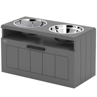 PawHut Futterstation für große Hunde, mit 2 Edelstahlnäpfen, Schublade, Futterspender für Haustiere, MDF, Stahl, Grau(m-1)