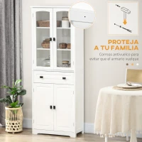 HOMCOM Alacena de Cocina con 2 Puertas de Vidrio 2 Estantes Ajustables y Cajón para Salón Comedor 60x30x160 cm Blanco(m-6)