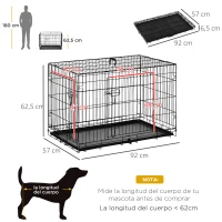 PawHut Jaula para Perros Plegable Transportín para Perros con 2 Puertas Bandeja Extraíble Asa de Transporte 92x57x62,5 cm Negro(m-3)