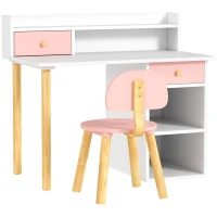 AIYAPLAY 2 Pieces Children Study Table with Hutch, Kids Desk and Chair Set with Storage, Drawer, Shelves, Pink(m-11)