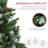 HOMCOM Árbol de Navidad Artificial con Luces LED Altura 230 cm con 1051 Ramas 45 Piñas Apertura Automática Base Plegable(m-5)