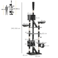 PawHut Kratzbaum deckenhoch Höhe 240-260 cm Katzenbaum mit Plüschbälle, Katzenhöhle, Hängematte, Sisalstämme, Plattformen mehrstöckiger Katzenkratzbaum Kletterbaum für große Katzen, Dunkelgrau(m-3)