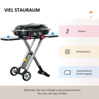 Outsunny Gas Grill BBQ Grillwagen Klappbar mit 2 Brenner Grillnetz Seitenablage Rollen 2,34 kW für Garten Balkon Terrasse Edelstahl Schwarz+Silber 100 x 41,6 x 82,5 cm(m-6)
