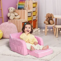 HOMCOM Children's Armchairs Kids Toddler Sofa Chair 2 In 1 Sofa Bed Folding Couch Soft Flannel Sponge for 3-4 years old Playroom Bedroom Living Room Pink(m-2)