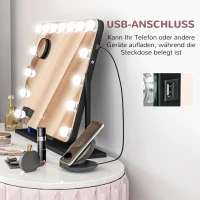 HOMCOM LED Kosmetikspiegel, 3 Lichtmodi, dimmbar, Touchsteuerung, USB, 62,5x49,5cm, Schwarz(m-5)