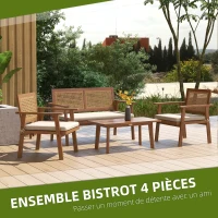 Outsunny Salon de jardin 4 pièces, 2 fauteuils, 1 canapé, 1 table basse, coussins - Style bohème - bois acacia et résine tressée(m-4)