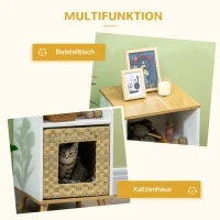 PawHut Katzenhöhle aus Rattan mit Stauraum, inkl. waschbaren Kissen, 40 cm x 40 cm x 77 cm, Eiche + Weiß + Beige(m-6)