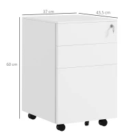 Vinsetto Caisson 3 tiroirs coulissants rangement bureau sur roulettes verrouillable trieur à dossiers 37 x 43,5 x 60 cm blanc(m-3)