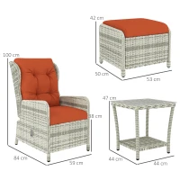 Outsunny 5 Pieces Rattan Bistro Set with Adjustable Back, Reclining Wicker Balcony Furniture with Cushions, Glass Top Coffee Table and Footstools, Outdoor Table and Chairs, Orange(m-3)