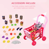 HOMCOM Carrello della Spesa per Bambini In Tre Modalità per Bambini +3 Anni, Carrello Giocattolo per Bambini con 38 Accessori Inclusi, Suoni e Luci Divertenti, Rosa(m-7)