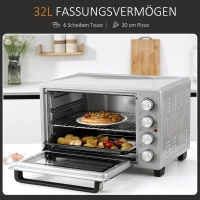 HOMCOM Mini Backofen 32L 100 °C-230 °C 1600 W Mini Ofen mit Backblech Krümelblech Grillrost und 3 Kochmodi Pizzaofen mit Timer Backblech-Griff Edelstahl Silber(m-4)