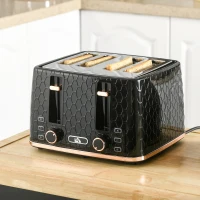 HOMCOM 4 Slice Toaster with 7 Browning Levels, High Lift, Reheat/Defrost/Cancel, Self-centring Function, Removable Crumb Tray, Auto Off, 1600W, Black Honeycomb Texture(m-2)