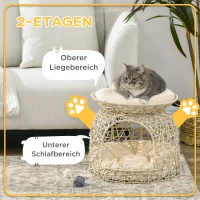 PawHut Katzenhaus aus PE-Rattan, 2 Etagen, Katzenhöhle mit Kissen, 42 cm x 42 cm x 40 cm, Beige(m-5)