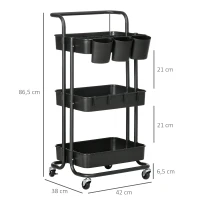 HOMCOM Carrito Auxiliar con Ruedas Carro de Almacenaje Multifuncional con Ganchos y Cajas Colgantes 42x38x86,5 cm Negro(m-3)
