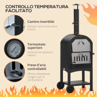 Outsunny Forno per Pizza e Barbecue a Carbone Portatile in Acciaio con Camino e Ruote, 63x54x161 cm, Nero(m-6)