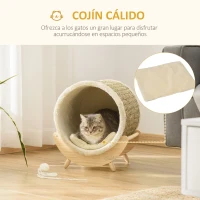 PawHut Cama Elevada para Gatos Cueva para Mascotas Tipo Barril con Superficie para Rascar y Cojín 41x38x43 cm Natural(m-5)