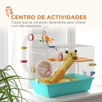 PawHut Jaula de Hámster con Túnel Plataformas Cuenco Bebedero Casita Rampas y Rueda de Ejercicio 45x28x37 cm Azul Claro(m-4)