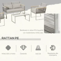 Outsunny Set da Giardino 4 Pezzi in Rattan PE con 2 Poltrone, Divanetto e Tavolino da Caffè in Vetro Temperato Grigio(m-4)