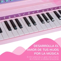 HOMCOM Piano Infantil 37 Teclas Teclado Electrónico Piano para Niños con Micrófono Taburete Luces y 22 Canciones USB/MP3 Karaoke Modo de Enseñanza Rosa(m-6)