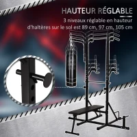 HOMCOM Station de musculation Fitness entrainement complet - barre de traction, à dips, banc de musculation pliable, poignées push-up, sac de frappe - acier noir(m-5)