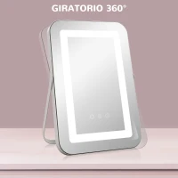 HOMCOM Espejo Tocador Giratorio 30x40 cm con 3 Modos de Iluminación Ajustables Interruptor Táctil Espejo de Aumento Blanco(m-8)