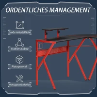 HOMCOM Computertisch mit höhenverstellbarer Monitorablage Schreibtisch mit Becherhalter Kopfhörerhaken L-förmiger Bürotisch mit K-Förmiger Beine Spanplatte Metall Schwarz+Rot 125 x 125 x 75 cm(m-7)