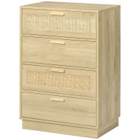 HOMCOM Cómoda con 4 Cajones de Rejilla de Ratán Cajonera de Madera para Dormitorio Estilo Cannage Bohemio 60x38x88,5cm Natural(m-11)