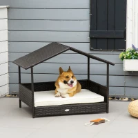 PawHut Wicker Dog House, Rattan Pet Bed, with Removable Cushion, Canopy, for Small and Medium Dogs - Cream(m-2)