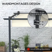 Outsunny Gartenpavillon 3 x 3m, einziehbares Dach, Wandmontage, Metallrahmen, Cremeweiß(m-4)