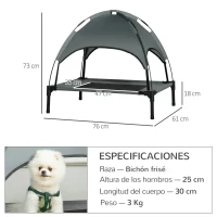 PawHut Cama Elevada para Mascotas Portátil con Toldo Extraíble Tela Transpirable al Aire Libre para Interior y Exterior 76x61x73 cm Gris(m-3)