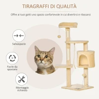 PawHut Albero Tiragraffi per Gatti in Legno a 4 Livelli con Cuccia, Giocattoli, Pallina e Corda, Altezza 114 cm(m-4)