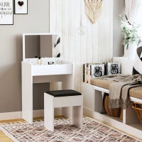 HOMCOM Coiffeuse Table de Maquillage avec Tabouret Miroir Rabattable 9 + 1 Compartiments intégrés 60L x 40l x 79H cm Blanc Noir(m-2)