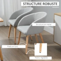 HOMCOM Lot de 2 chaises de salle à manger chaise de cuisine Design scandinave - Pieds inclinés effilés Bois Caoutchouc - Assise Dossier accoudoirs ergonomiques Aspect Lin Gris(m-5)
