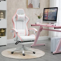 Vinsetto Computer Gaming Chair, PU Leather Office Desk Chair with Footrest, Swivel Wheels, 135° Reclining Back, Lumbar Support, Headrest for Home, White and Pink(m-2)