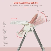 HOMCOM Hochstuhl Baby Babystuhl mit Fußstütze Kinderhochstuhl Tisch mit abnehmbarem Tablett höhenverstellbar und klappbar für 6-36 Monate PP Stahl Rosa 55 x 80 x 104 cm(m-5)