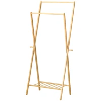 HOMCOM Perchero de Pie de Bambú con Estante para Zapatos 2 Barras y 2 Ganchos para Dormitorio Entrada 74x42x150 cm Natural(m-11)