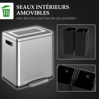 HOMCOM Poubelle de cuisine 2 compartiments de 2 x 15L, avec pédale, en acier inoxydable, couvercle à fermeture douce(m-6)