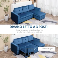 HOMCOM Divano Letto Angolare 3 Posti Effetto Velluto e Chaise Longue con Contenitore, 232x141x85cm, Blu(m-4)
