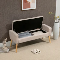 HOMCOM Baúl de Almacenaje Tapizado en Lino con Tapa Abatible y Patas de Madera para Dormitorio Salón 20x45x54 cm Beige(m-9)