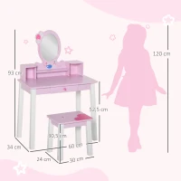 HOMCOM Coiffeuse Enfant Table de Maquillage avec Tabouret, 1 tiroir, Miroir 59 x 39 x 92 cm Bois Rose(m-3)
