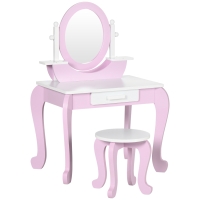 ZONEKIZ Tocador de Madera Infantil con Taburete y Espejo Centro de Belleza con 1 Cajón para 3-6 Años 65,5x46x93 cm Rosa