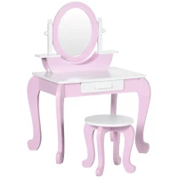 ZONEKIZ Tocador de Madera Infantil con Taburete y Espejo Centro de Belleza con 1 Cajón para 3-6 Años 65,5x46x93 cm Rosa(m-1)