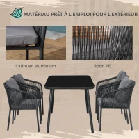 Outsunny Salon de Jardin 4 personnes en rotin PE avec chaises empilables et coussins, plateau en verre trempé cadre en aluminium(m-5)